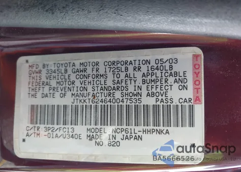 2004 Scion Xa from USA, damaged, VIN JTKKT624640047535